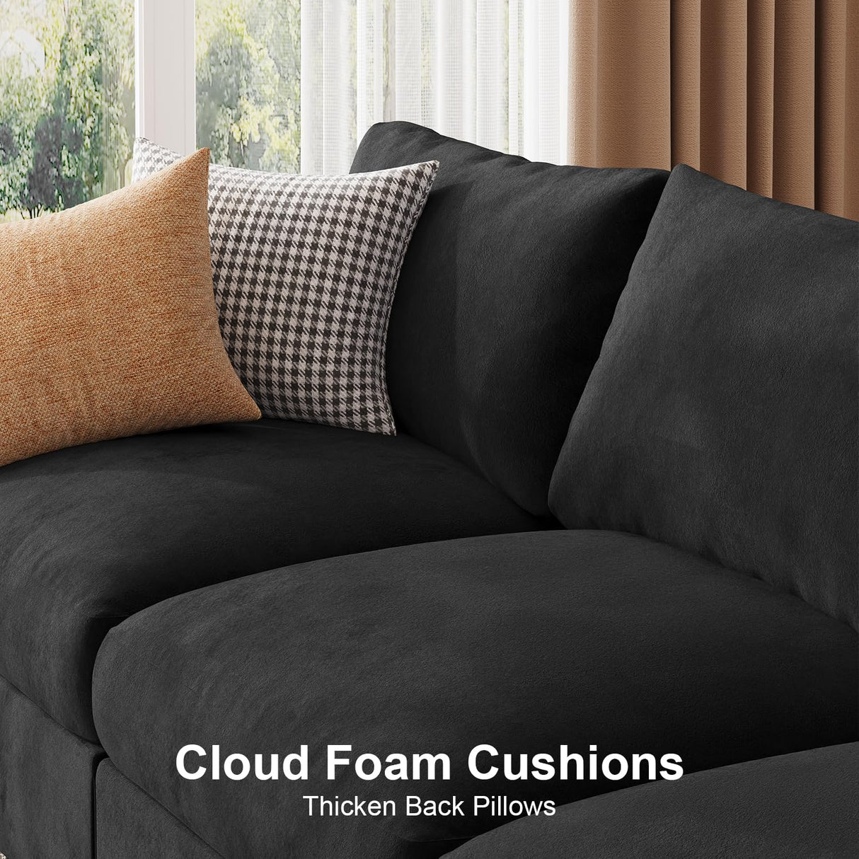 HOMYHOMEY Modular Sectional Sofa Couch for Living Room Velvet Couches Oversized U Shaped Convertible Sleeper Sofa Chaise Detachable Armrest Cushion Washable Cover Cup Holder (Black, 8 Seats) HOMYHOMEY