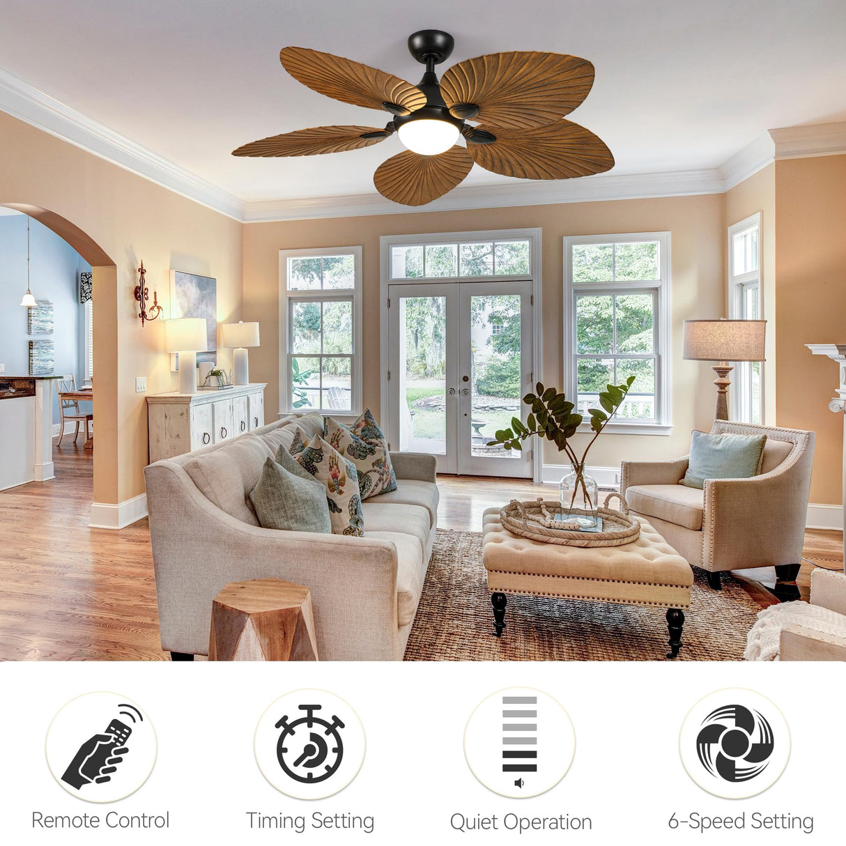 DWVO 52" Tropical Ceiling Fan with Light & Remote, LED Tri-Color Temperature, 5 Blade Ceiling Fans Reversible 6 Speeds w/Quiet DC Motor for Bedroom, Living Room, Dining Room, Patio DWVO