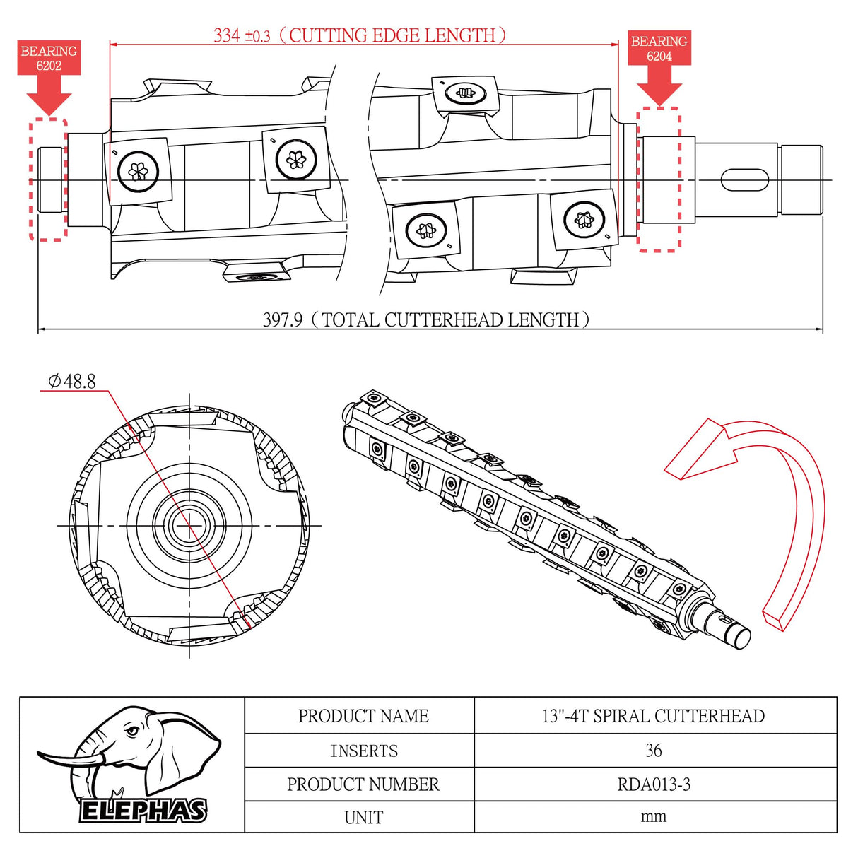 ELEPHAS - Woodworking Tool Spiral Cutter head and Helical cutterhead for Dewalt DW735 planer Original DW735-OEM ELEPHAS