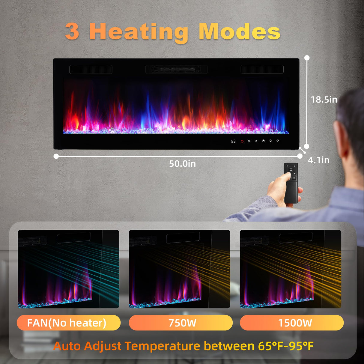Electric Fireplace 50 Inch 1500W Insert Heater Wall Mounted Realsmart Indoor Infrared Heater with Remote Control Slim Black Fireplace Screen Timer 12 Flame Colors Low Noise Overheat Protection RealSmart