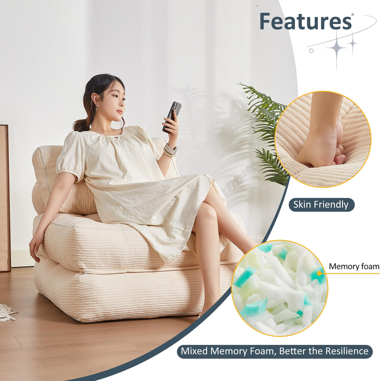 Afuson Folding Chair Bed, Futon Sofa Bed for Bedroom and Living Room, Convertible Floor Couch for Small Spaces, White Afuson