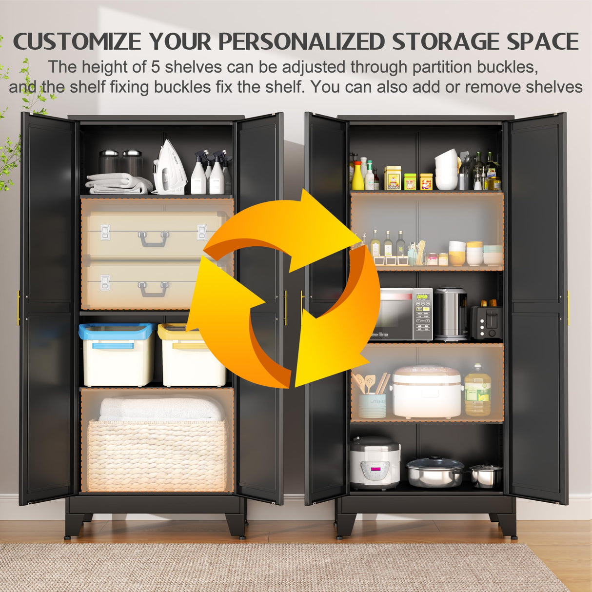 GAIOUS 75.2" Tall Storage Cabinet, Pantry Storage Cabinet with 2 Door and 5 Adjustable Shelves, Black Kitchen Food Storage Cabinet, Metal Utility Cabinet for Kitchen, Dinning Room, Laundry Room GAIOUS