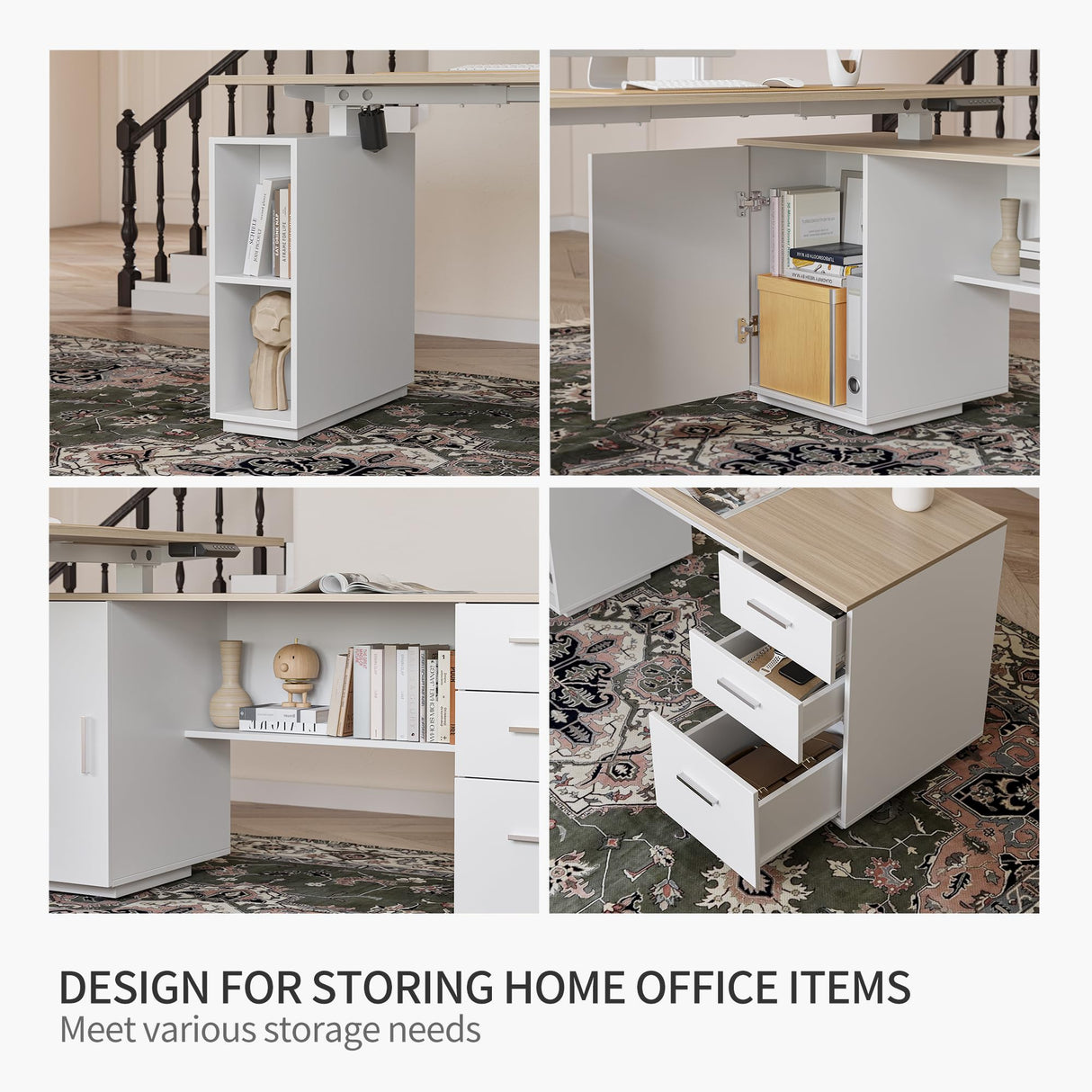 FEZIBO Electric Height Adjustable Stand up Desk for Home Office, 63" L Shaped Executive Standing Desk with 3-Drawer File Cabinet, Computer Desk with Storage Cabinets, White Frame/Light Walnut Top FEZIBO