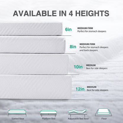 Dyonery Queen Mattress - 8 Inch Green Tea Memory Foam Mattress- Queen Mattress in a Box - CertiPUR-US Certified Fiberglass Free Mattress - Cooling Gel Layer - Medium Firm - 60"x80"x8" - White