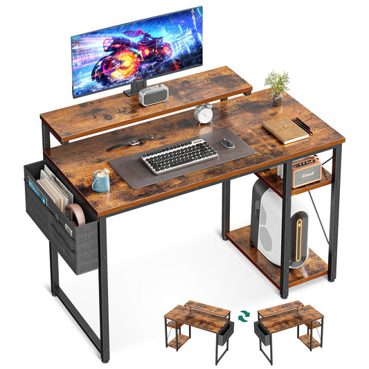 AODK 40 Inch Computer Desk with Adjustable Monitor Stand, Work Writing Desk with Shelves, PC Desk Workstation, Vintage Home Office Desk