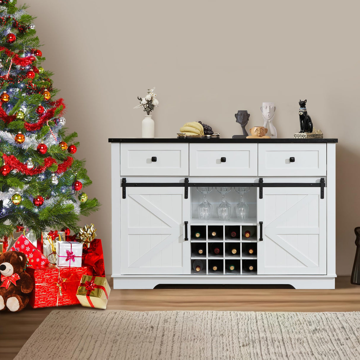Winlice Buffet Cabinet w/Storage, Large 54" Farmhouse Wine & Coffee Bar Cabinet w/Sliding Barn Doors, Wine Rack, Rustic Large Buffet Sideboard w/3 Drawers for Living, Dining Room, White Winlice