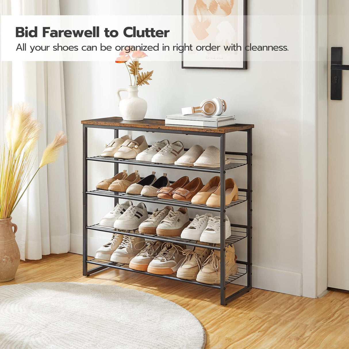 HOOBRO Shoe Rack, 5 Tier Shoe Organizer, Adjustable Shoe Shelves, Flat or Slanted, Holds 16-20 Pairs, Stable and Durable for Entryway, Closet, Rustic Brown and Black BF08XJ01 HOOBRO