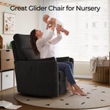 LINSY 360 Swivel Recliner Chair - Corduroy Nursery Glider Rocking Chair with 2 Pillows, Comfy High Back Adult Recliner for Small Spaces, Nursery Bedroom Living Room Reclining (Black) LINSY