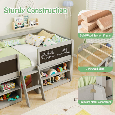 KOMFOTT Twin Size Low Loft Bed, Kids Loft Bed Frame with Movable Storage Shelves, Chalkboard & Ladder, Solid Wood Twin Bed with Under-Bed Play Area for Kids, Boys & Girls, No Box Spring Needed, Grey KOMFOTT