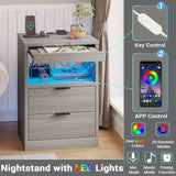 Tiptiper LED Nightstand Set of 2, Gray Nightstand with Wireless Charging Station, Night Stand with Drawers & Pull-Out Shelf, Modern Bedside Table with Storage, End Side Table Tiptiper