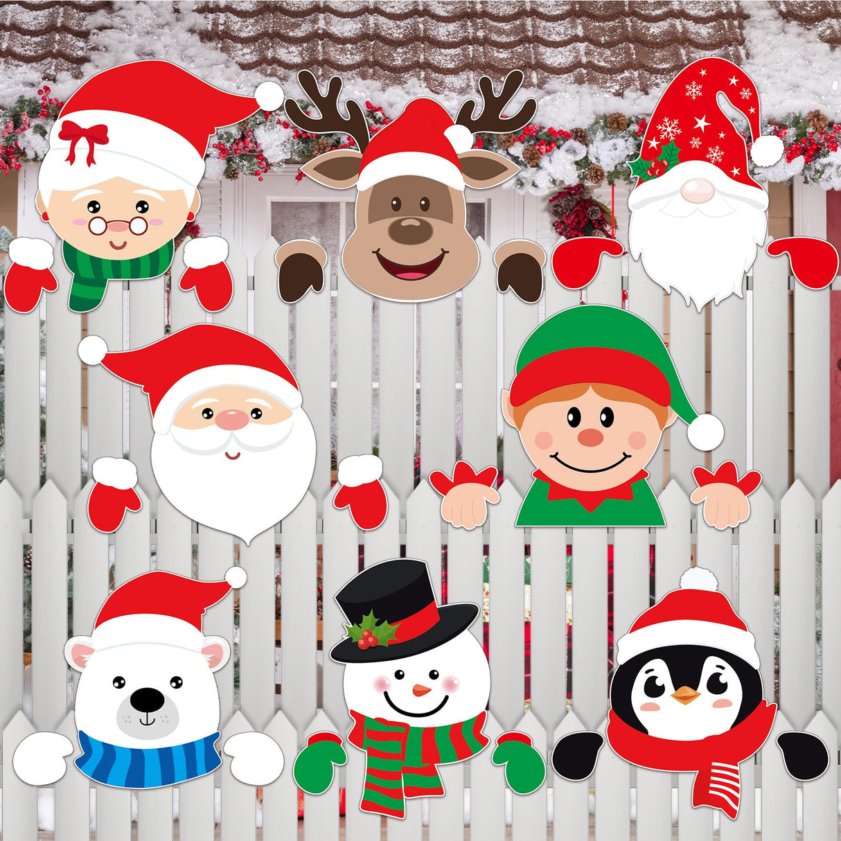 gisgfim 8 Pcs Christmas Fence Peeker Decorations Santa Claus Elk Snowman Elf Yard Peeking Art Sign Cute Christmas Winter Holiday Outdoor Fence Sign Ornament for Xmas DIY Home Garden Yard Decor gisgfim