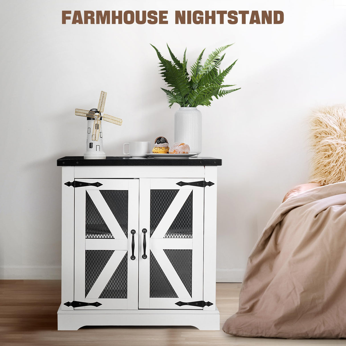 Decofy Farmhouse End Table with Storage Cabinet, 24" Large Sofa Side Table, Industrial Farmhouse Side Table for Living Room, Square Top with Power Outlet, Adjustable Shelves(White) Decofy