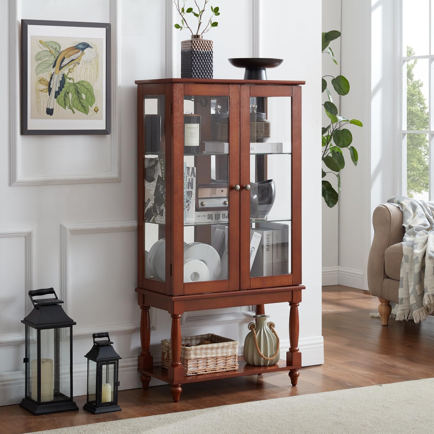 KEIKI Curio Cabinet, 48" H Lighted Glass Display Cabinet w/Adjustable Shelves, Acrylic Mirrored Back Panel, Tempered Glass Doors, Walnut (Bulb Not Included)