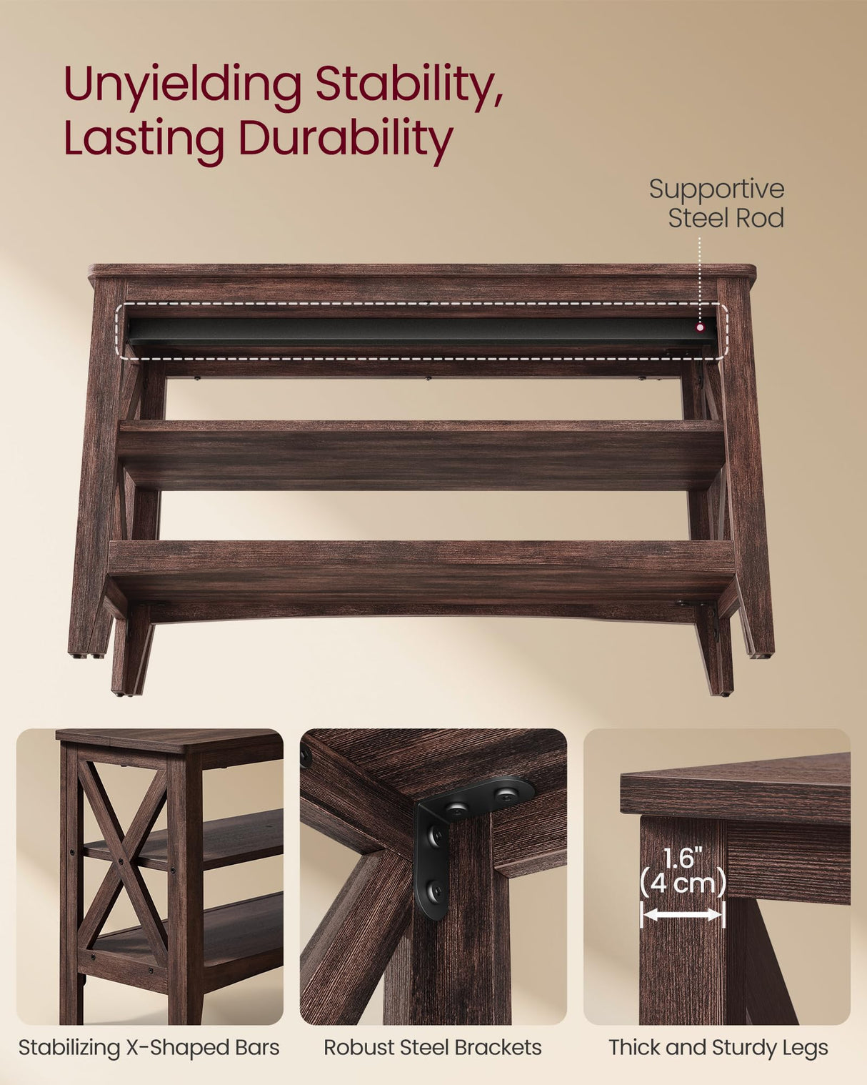 VASAGLE, Entryway Storage Bench, 2-Tier Shoe Rack, 11.8 x 31.5 x 18.9 Inches, Holds up to 300 lb, Farmhouse Style, for Living Room, Bedroom, Maroon Brown ULSB053K51 VASAGLE