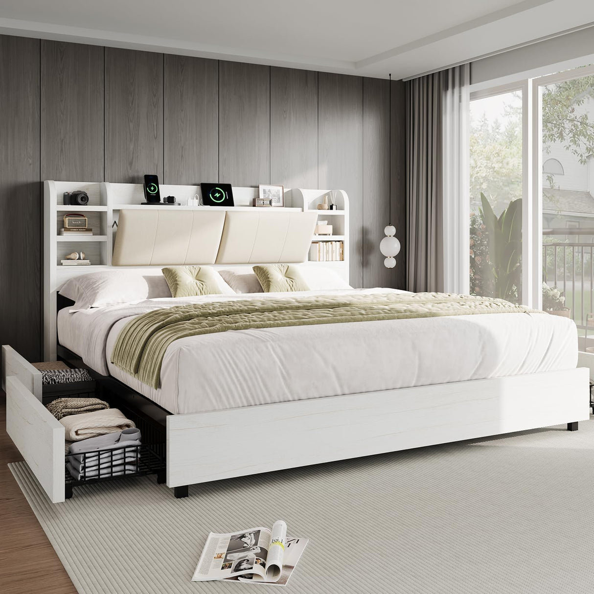 AMERLIFE King Size Storage Bed Frame with 4 Drawers, Padded Upholstered Bed with 47.2" Bookcase Headboard, Wooden Platform Bed with Charging Station/No Box Spring Needed/Rustic White AMERLIFE