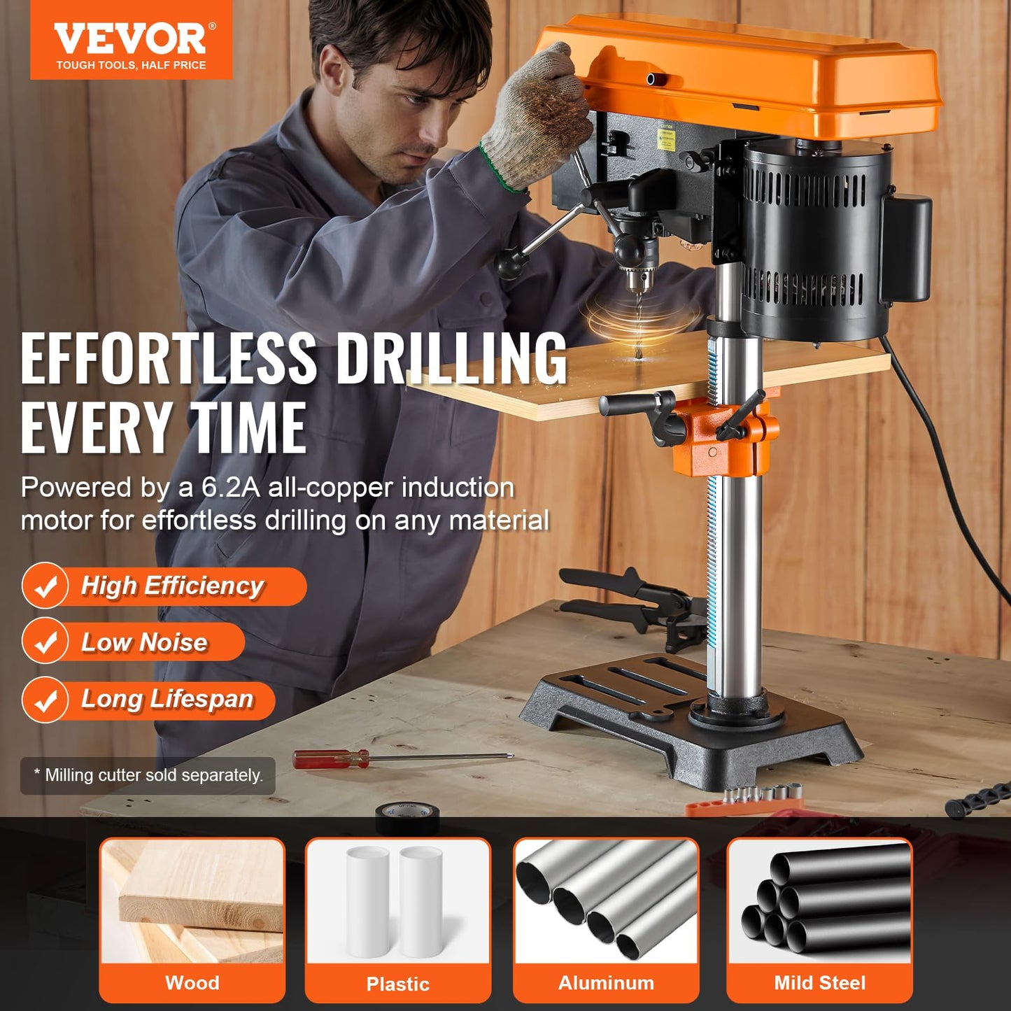 VEVOR 10 in Benchtop Drill Press, 6.2A Induction Motor, Tabletop Drilling Machine with 610/940 / 1500/2150 / 2800 RPM Adjustable Speed, 0-45° Tilting Worktable, LED Work Light, for Wood Metal - WoodArtSupply