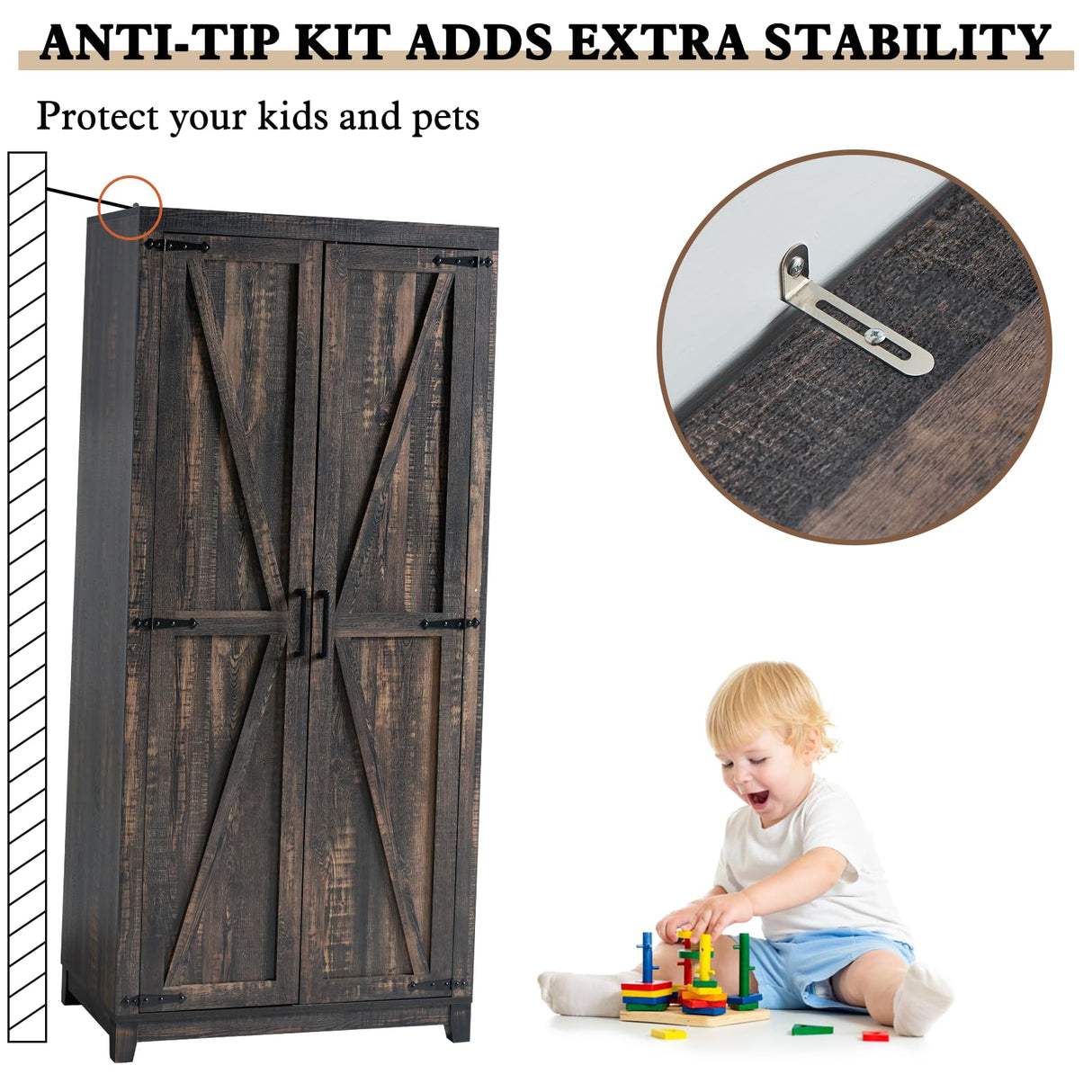 LUXOAK 70" Large Armoire Wardrobe Closet with Hanging Rod, Farmhouse Clothing Storage Cabinet with 2 Barn Doors, Wooden Tall Bedroom Armoires with Shelf, Dark Oak Wood LUXOAK