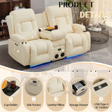 TUNYI Power Loveseat Recliner Sofa, Faux Leather Reclining Sofa with Console RV Reclining Loveseat Couch with USB/Outlet/Storage/Side Pocket/LED Light/Speaker (Cream White, Loveseat) TUNYI