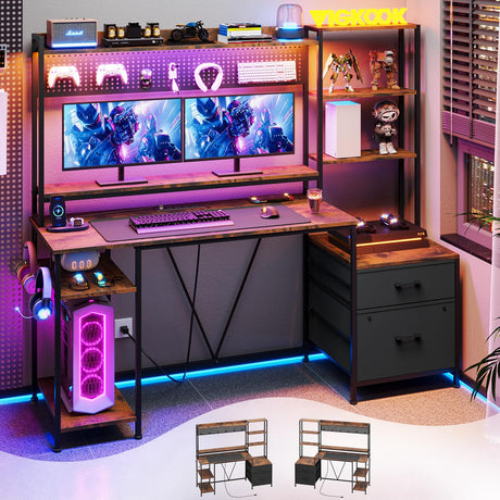 VIGKOOK 65in Gaming Desk with Hutch and Power Outlets, LED Lights, 2 Drawers, and Ample Storage in Rustic Brown VIGKOOK