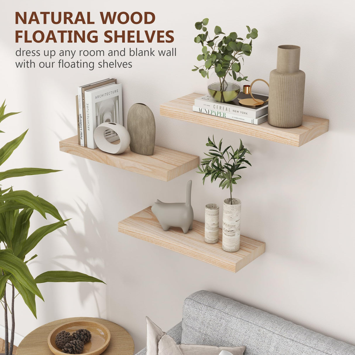 Natural Wood Floating Shelves, Wood Floating Shelves for Wall Set of 3, 17 Inch Natural Raw Wood Shelves for Living Room Bedroom Home Office - Natural fuqing