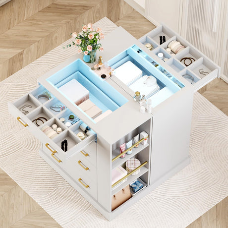 JanflyHome Closet Island with Open Shelves, Modern Glass Top Dresser with LED Lights, Tall Chest of Drawers with Jewelry Organizer for Bedroom,Living Room, Bedroom, Hallway, Entryway, White JanflyHome