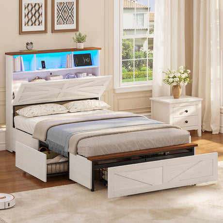VIAGDO Twin Bed Frames with 5 Drawers, Farmhouse Bed Frame with Barn Door Headboard and Storage, Wood Platform Bed Frame Twin Size with Charging Station and LED Lights, No Box Spring Needed, White VIAGDO