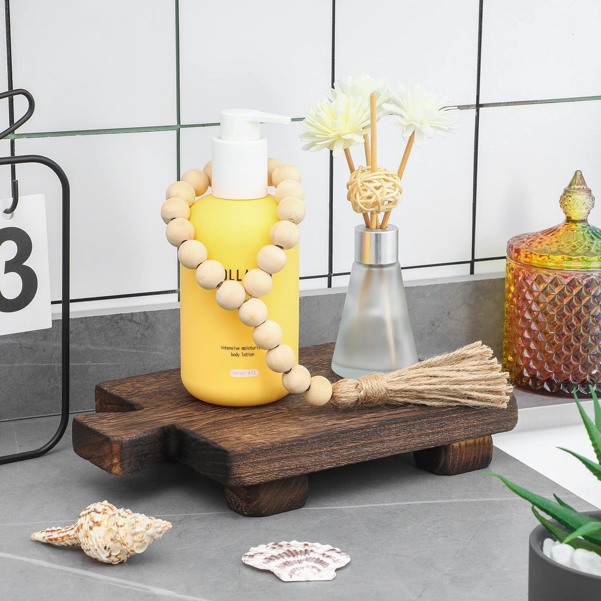 Honeydak Wood Pedestal Riser Tray Soap Dispenser Stand for Kitchen Sink Counter Wooden Holder for Bottles Plant Makeup Tissues Candles Guest Towels Vanity Plate Jewelry Soap Decor(Brown) Honeydak