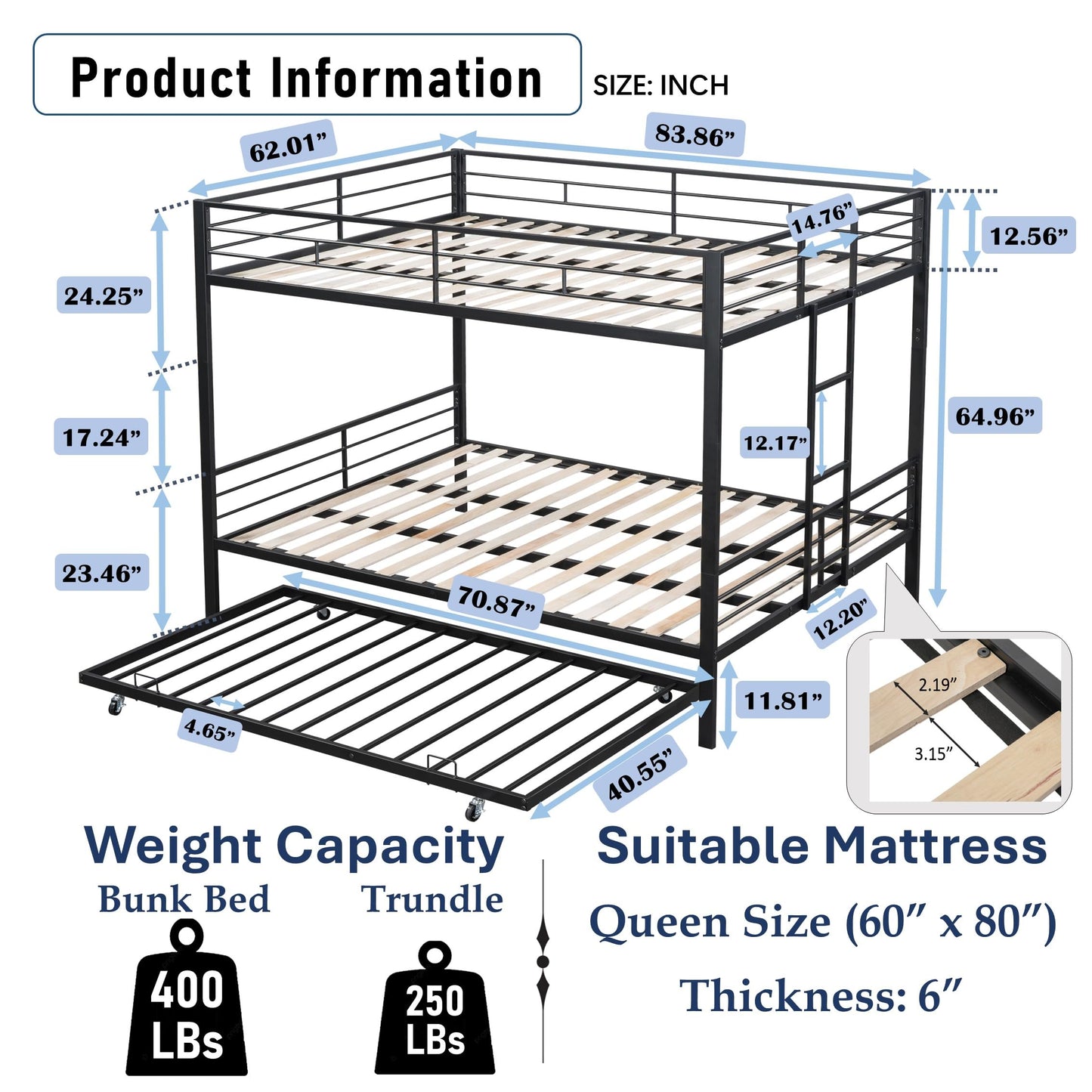 PVWIIK Queen Over Queen Metal Bunk Bed with Trundle for Kids,Heavy Duty Bunk Bed w/Ladder & Full Length Guardrail No Box Spring Needed,for Dorm,Bedroom,Guest Room, Black