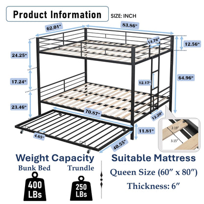 PVWIIK Queen Over Queen Metal Bunk Bed with Trundle for Kids,Heavy Duty Bunk Bed w/Ladder & Full Length Guardrail No Box Spring Needed,for Dorm,Bedroom,Guest Room, Black