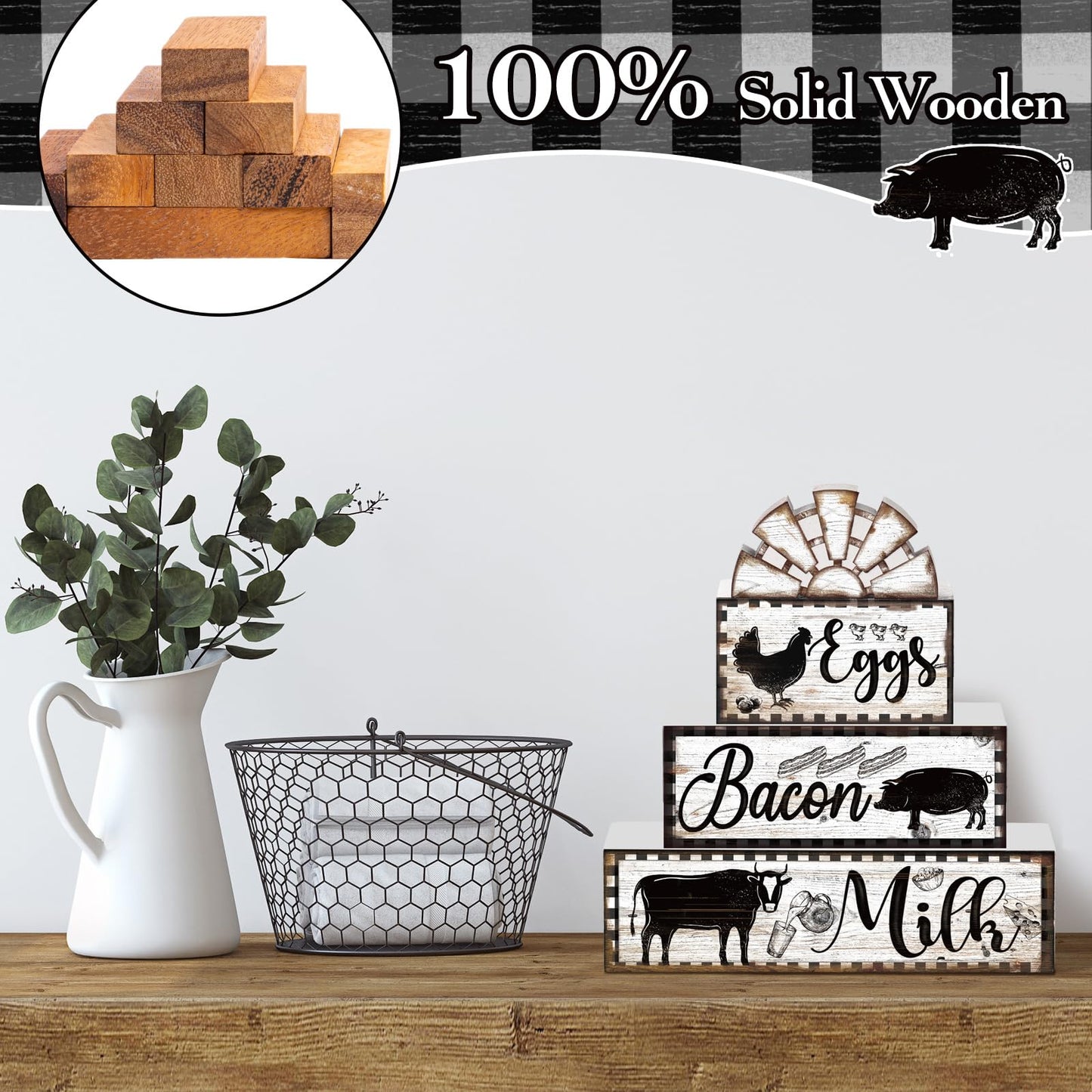 4 Pcs Farmhouse Wood Stacking Blocks Cow Rooster Pig Tiered Tray Decor Rustic Decorative Faux Stacked Book Farm Animal Table Sign Decor for Home Living Room Kitchen Dining Room Shelf Table Centerpiece