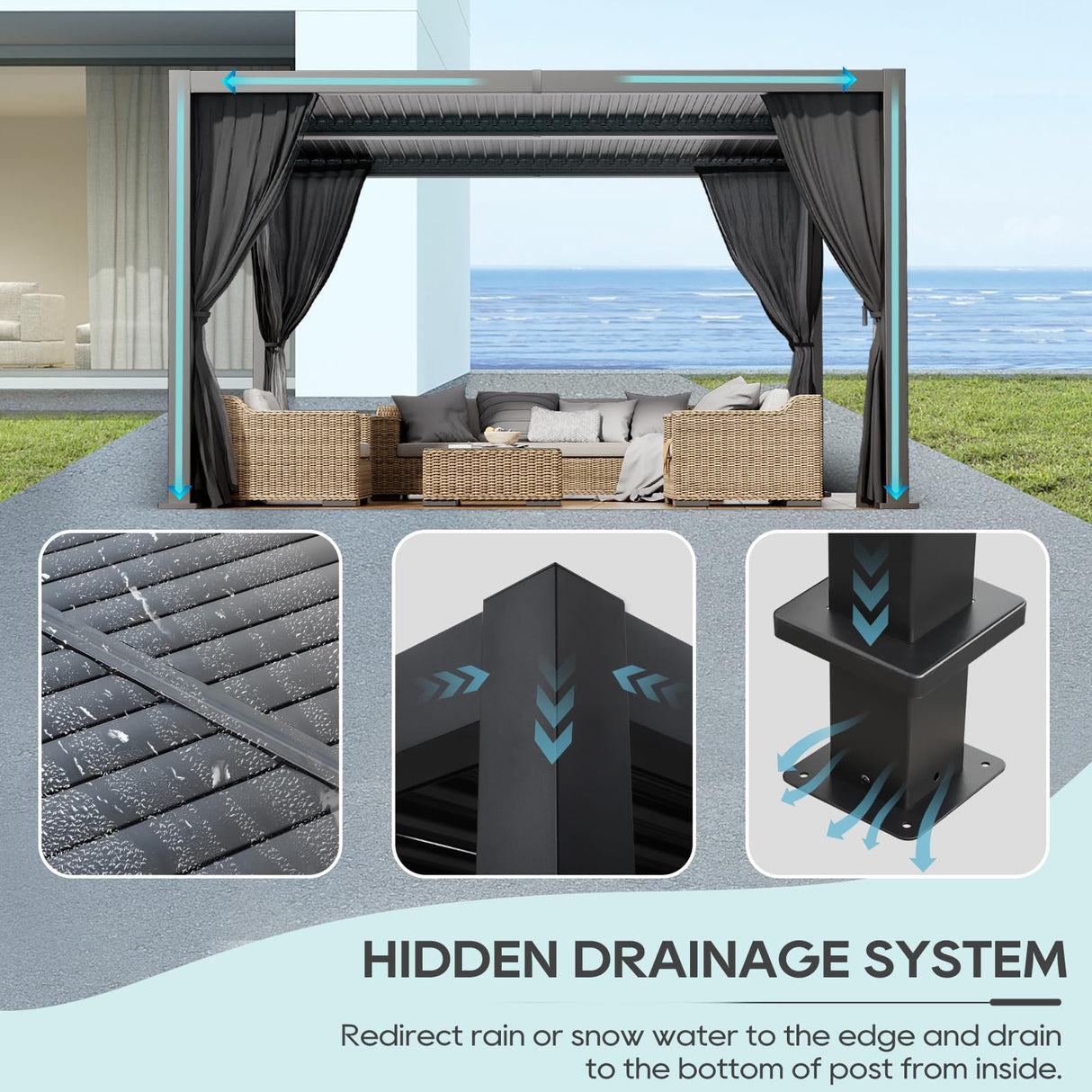 LVUYOYO Louvered Pergola 10' x 13', Outdoor Pergola with Adjustable Roof, Aluminum Frame Pergola with Curtains and Netting, Hardtop Metal Gazebo for Patio, Backyard, Garden, Deck (Black) LVUYOYO