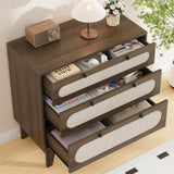 IDEALHOUSE 3 Drawer Wood Dresser for Bedroom, Rattan Nightstand Bedside Table for Living Room, Entryway, 31.5" L*15.7”W*31.2”H, Dark Brown IDEALHOUSE