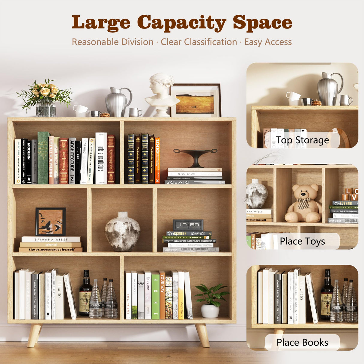 Shintenchi Wooden 7 Cube Bookshelf, 3 Tier Bookcase with Legs, Modern Open Storage Organizer Shelf,Display Cabinet Shelf Free Standing Bookshelves for Bedroom,Living Room,Office,Natural Shintenchi