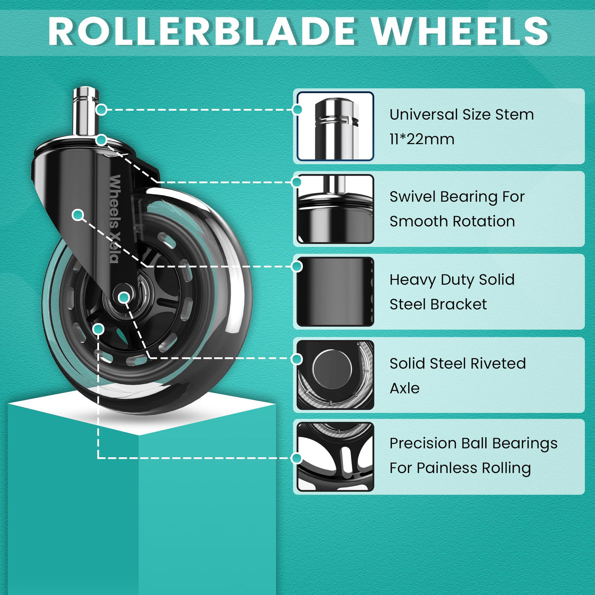 Office Chair Casters, Set of 5, 3 inch Heavy-Duty Replacement Rubber Wheels for Desk & Gaming Chair are Easy to Install & Suitable for All Floors, Including Carpet & Wood Wheels Xela