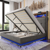 Jocisland 53.1" H Queen Size Bed Frame with Hydraulic Lift Up Storage, RGB LED & Built-in Bookcase Headboard, Velvet Upholstered Wingback Design, No Box Spring Needed, Dark Grey Jocisland