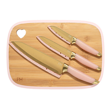 Paris Hilton Reversible Bamboo Cutting Board and Cutlery Set with Matching High Carbon Stainless Steel Knives, Blade Guards, Sleek Yet Comfortable Handle Grips, 7-Piece Set Gold, Pink Paris Hilton