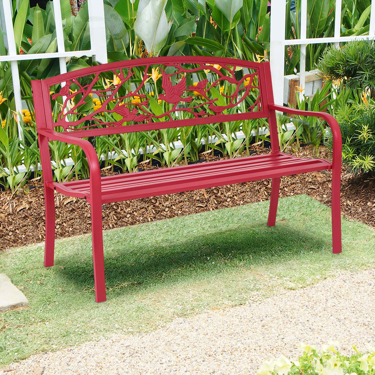 Giantex 50”Outdoor Bench with Cast Iron Backrest & Ergonomic Armrest,600 lbs Steel Metal Frame, Garden Bench for Park Front Porch Patio Lawn Backyard Balcony Path Entryway Deck, Red Bird Pattern Giantex