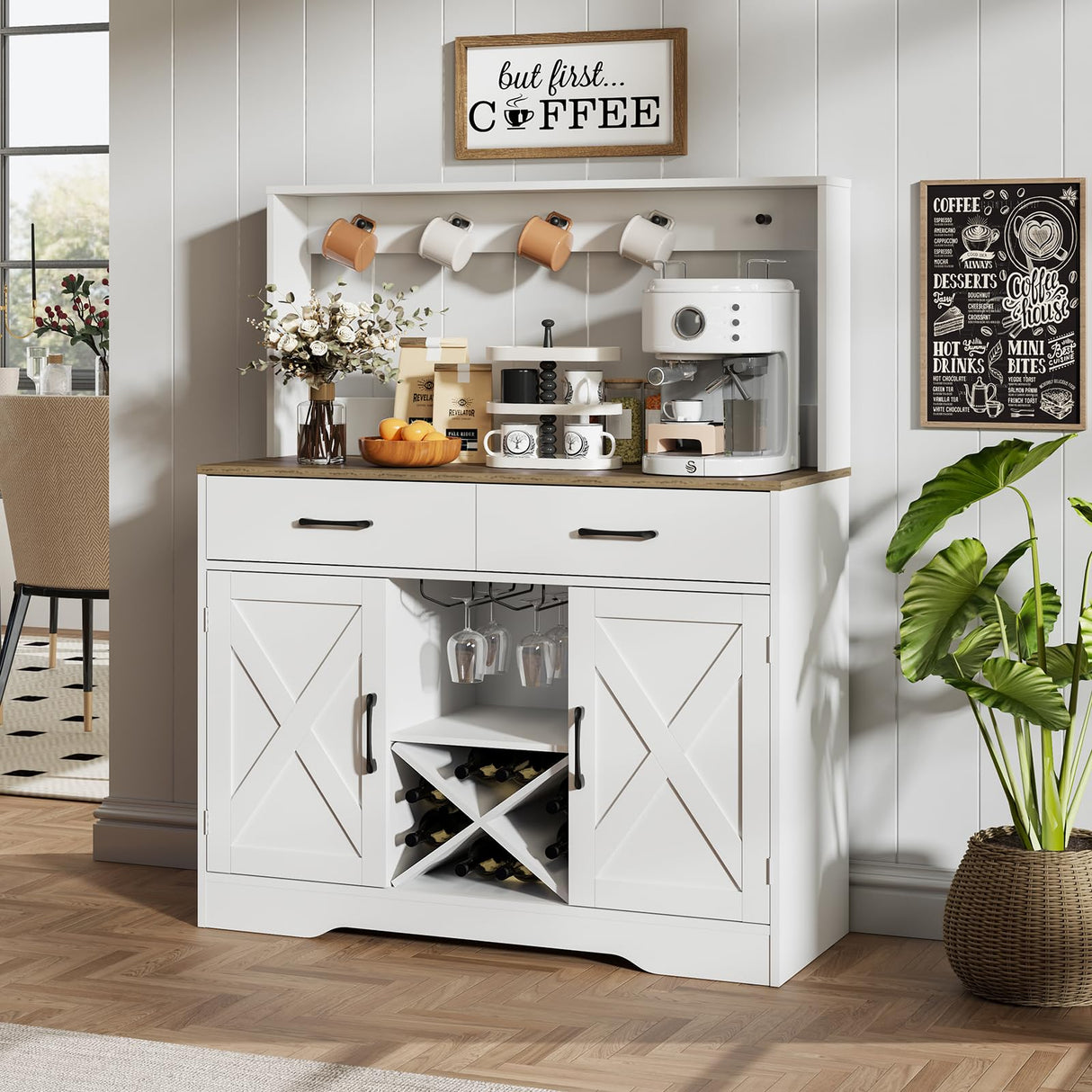 Buffet Cabinet with Storage,Sideboard Kitchen Storage Cabinet41.7 L x15.5 W x 47" H Farmhouse Coffee Bar Cabinet, with 2 Drawers and Shelves,Coffee Station Home Liquor Bar,White Mufico