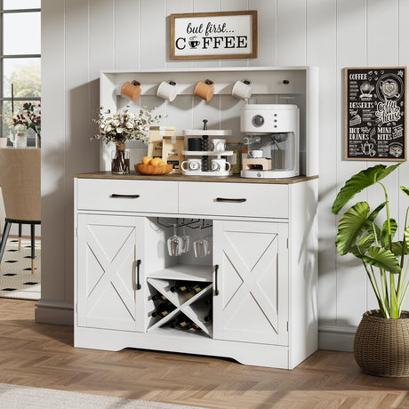 Buffet Cabinet with Storage,Sideboard Kitchen Storage Cabinet41.7 L x15.5 W x 47" H Farmhouse Coffee Bar Cabinet, with 2 Drawers and Shelves,Coffee Station Home Liquor Bar,White Mufico