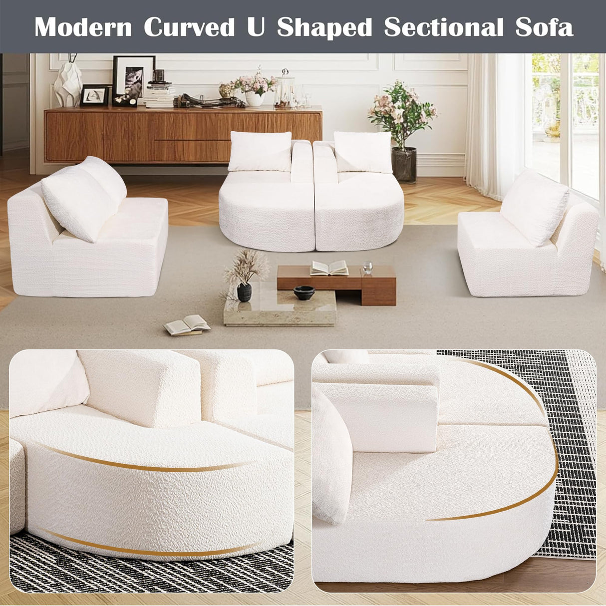 EYATZO 144" Sectional Couches for Living Room, Comfy U-Shaped Cloud Couch with Chaise Lounge, Modern Deep Seat Boneless Sofa, No Assembly Required (Boucle, White) EYATZO