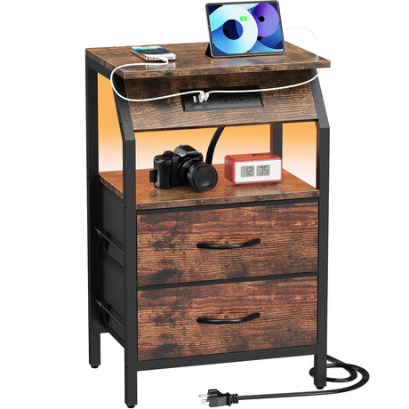 SZLHANJZ End Table with LED Lights, Nightstand with 2 Drawers and Type C Charging Station, Small Fabric Dresser for Bedside, Storage Side Table for Living Room Dorm, Rustic Brown SZLHANJZ