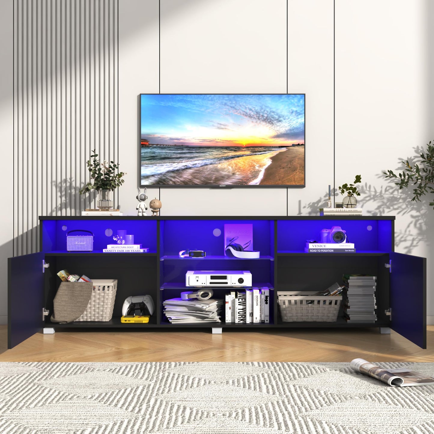 Vinctik 6&Fox Modern LED65inch TV Stand for 65/70/75 inch TV,High Glossy TV Entertainment Center with Storage Drawer,TV Stands for Living Room,APP RGB Light,Smart Modern TV Cabinet(65in Black - WoodArtSupply