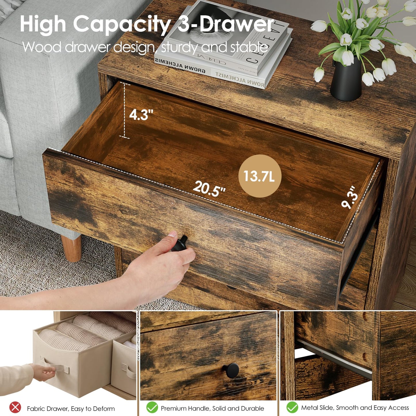 Memobarco Nightstand, Bedside Tables, Farmhouse Wood Night Stand with 3 Storage Drawers, Small Wooden Dresser Chest of Drawers Bedside Cabinet for Bedroom Small Spaces, Rustic Brown - WoodArtSupply