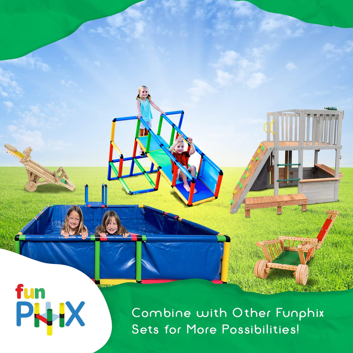 Funphix Large Playhouse for Kids Outdoor Wooden Playhouse with Sandbox, Bench, Play Telescope, Ladder, Climbing Ramp & Doors - Durable 2 Levels Lookout Post Outdoor Playset for Backyard Funphix