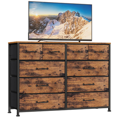 Furnulem 10 Drawer Dresser for Bedroom, Large Dresser for 55'' Long TV Stand,Storage Organizer for Closet, Living Room, Entryway, Fabric Bins, Wood Top, Metal Frame(Rustic Brown)