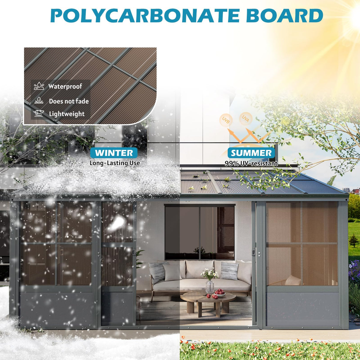 EROMMY 10' x 16' Sunroom, Wall Mounted Gazebo Solarium with Aluminum Frame, Polycarbonate Roof, Permanent Sun Room with Sliding Doors, Lockable PC Screen Walls, Lean to Gazebo for Garden, Patio, Grey EROMMY