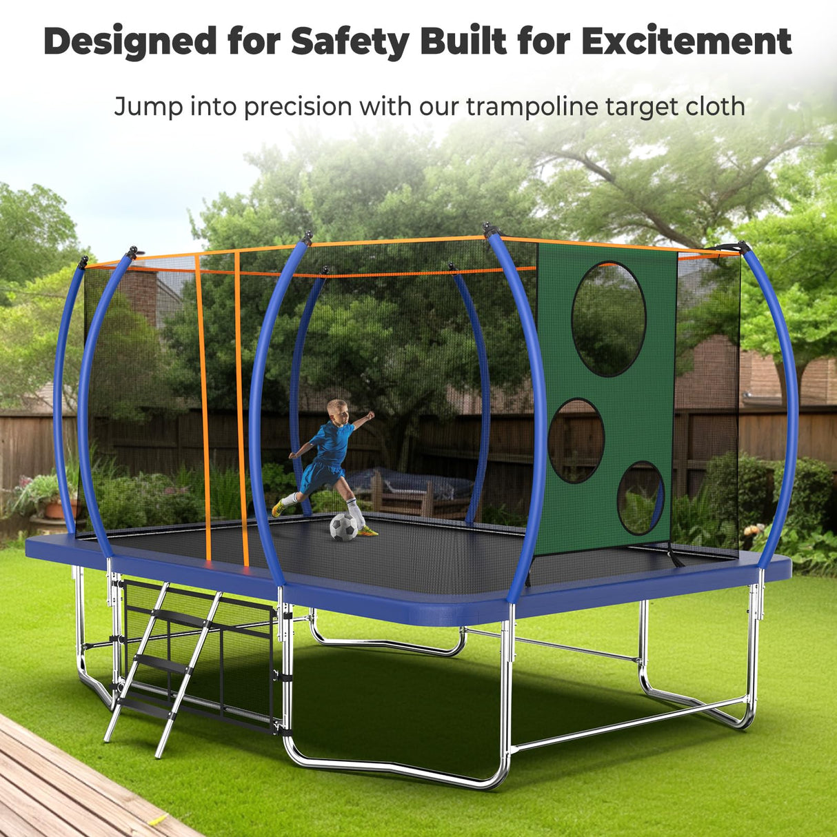 Lyromix 14FT Outdoor Rectangle Trampoline for Kids and Adults, Rectangular Trampoline with Curved Poles, Pumpkin Trampolin with Light, Sprinkler, Soccer and Storage Bag Lyromix