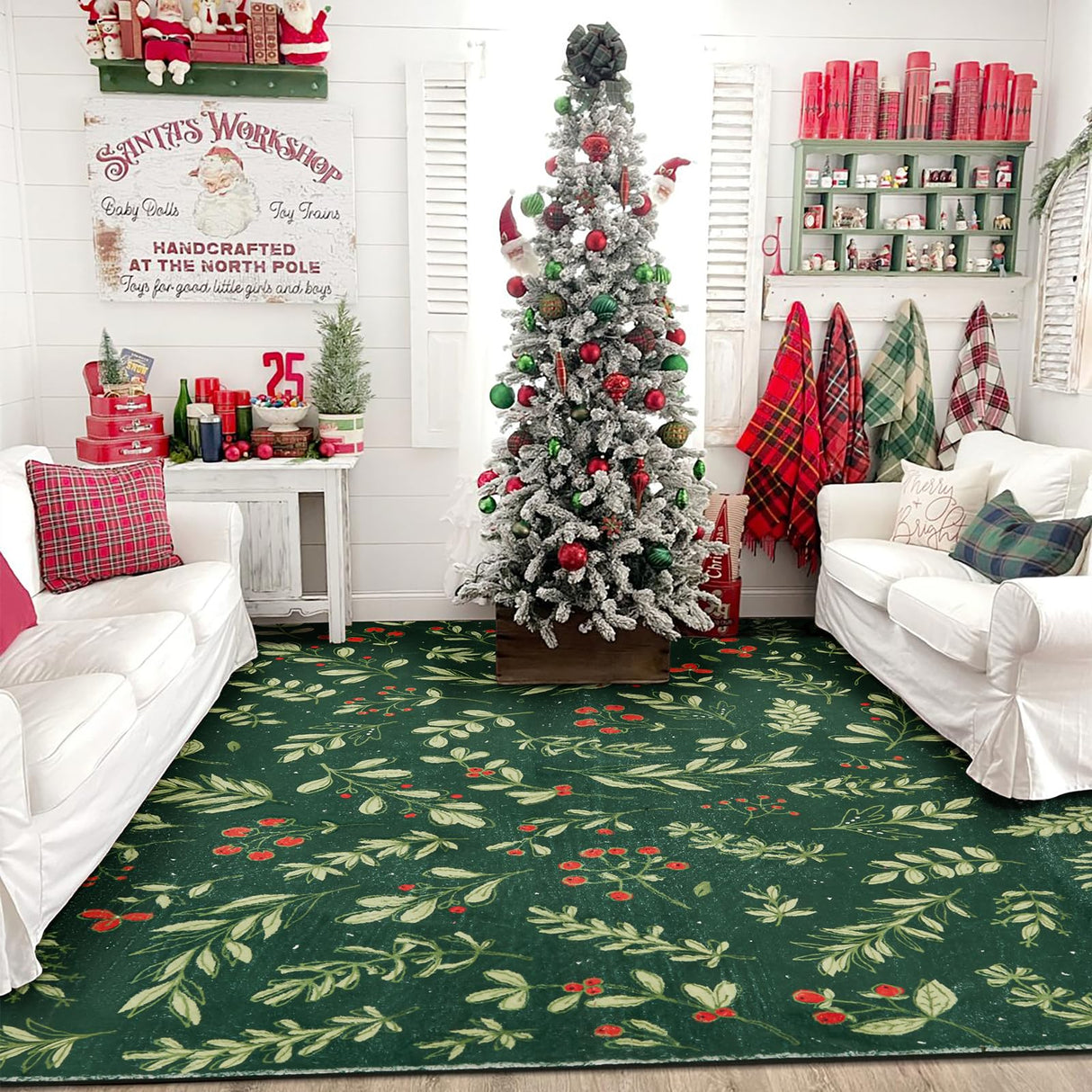 Washable Vintage Floral Christmas 4x6 Area Rugs Non Slip - Low Pile Soft Xmas Tree Red Berries Holly Branches Festive Winter Christmas Area Rug Accent Carpet for Kitchen Bedroom Living Room Entryway RoomTalks
