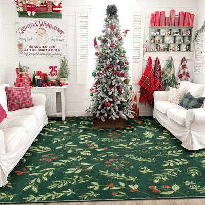Washable Vintage Floral Christmas 4x6 Area Rugs Non Slip - Low Pile Soft Xmas Tree Red Berries Holly Branches Festive Winter Christmas Area Rug Accent Carpet for Kitchen Bedroom Living Room Entryway