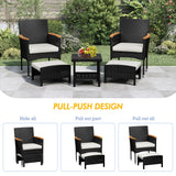 ARTBUSKE 5 PCS Outdoor Patio Furniture Set with Table&Ottoman Outdoor Furniture Patio Set Bistro Wicker Patio Set (Black Wicker&White Cushion, 5PC - 2 Chair + 2 Ottoman + 1 Table) ARTBUSKE